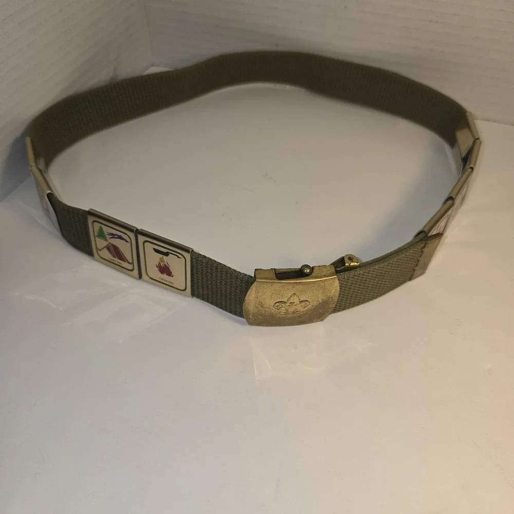 Vintage Boy Scouts Canvas Belt With Brass Buckle Seven Awards Hiking Camping BSA